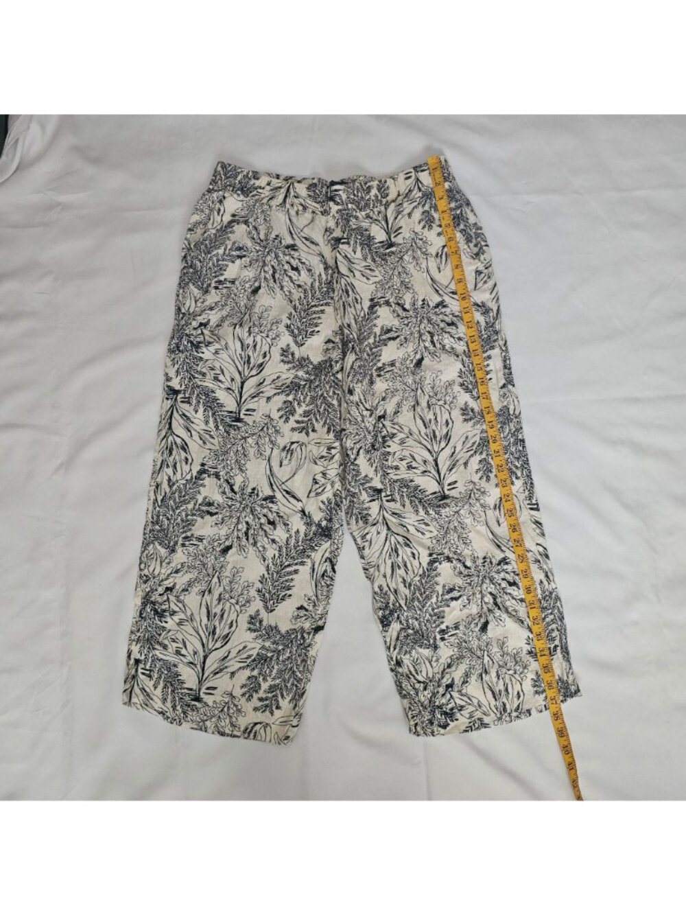 Tahari Black Leaf Print 100% Linen Elastic Waistband Wide Leg Crop Pants Size XL - Picture 10 of 12